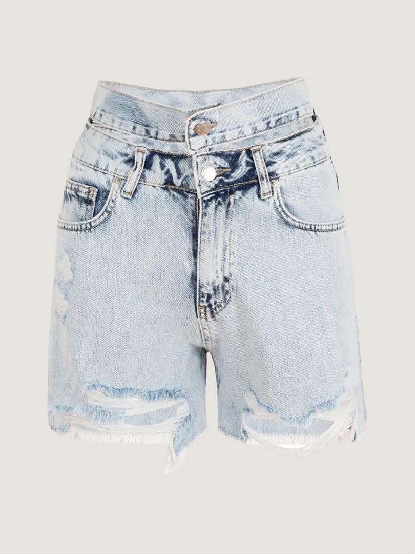 Aged Denim Shorts with Double Waist Belt - Light Indigo