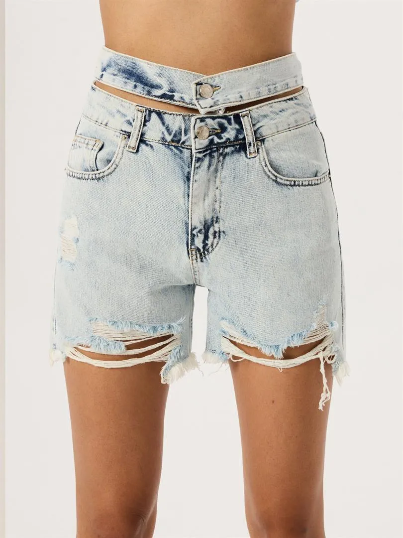 Aged Denim Shorts with Double Waist Belt - Light Indigo