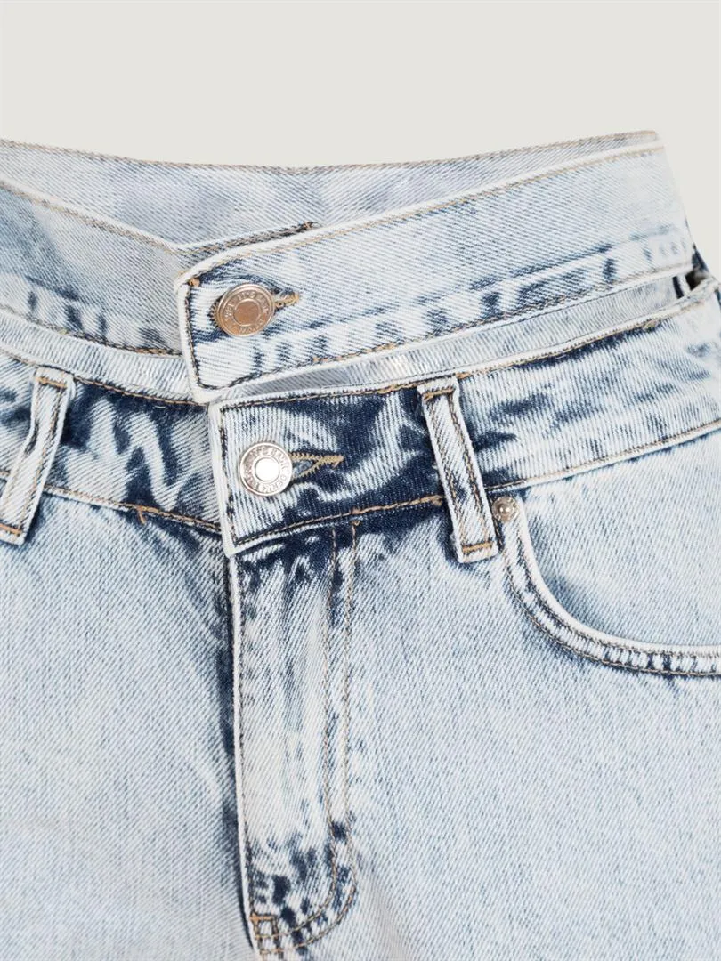 Aged Denim Shorts with Double Waist Belt - Light Indigo