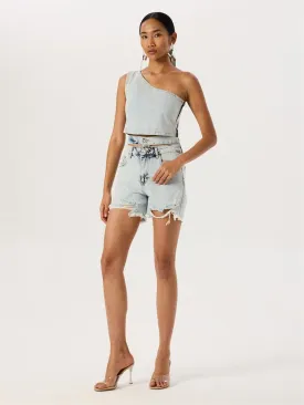 Aged Denim Shorts with Double Waist Belt - Light Indigo