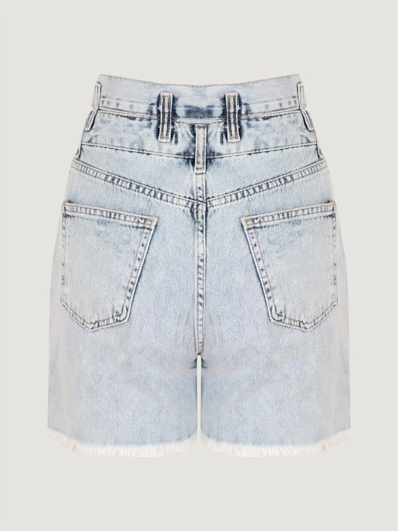 Aged Denim Shorts with Double Waist Belt - Light Indigo