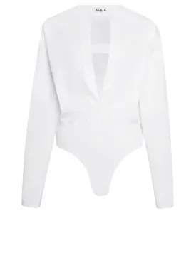 ALAIA Elegant Cotton Bodysuit with Deep V-Neck and Cinched Waist