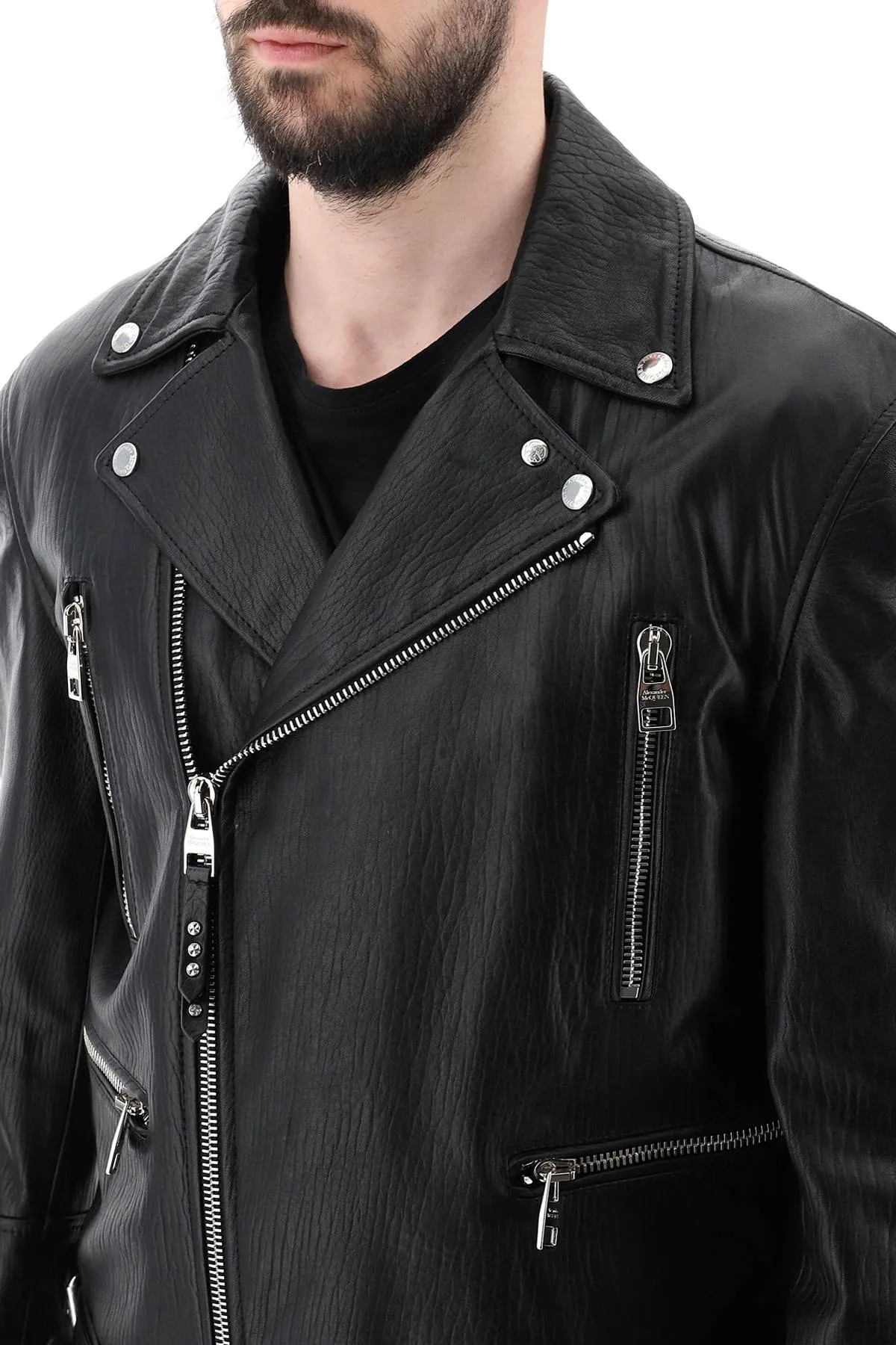 ALEXANDER MCQUEEN Men's Classic Leather Biker Jacket - Regular Fit