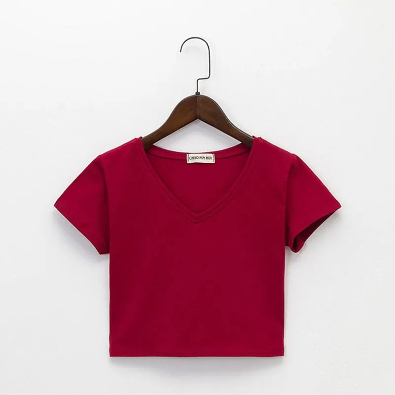 Amy Fashion - Cotton V Neck Solid Color T Shirt