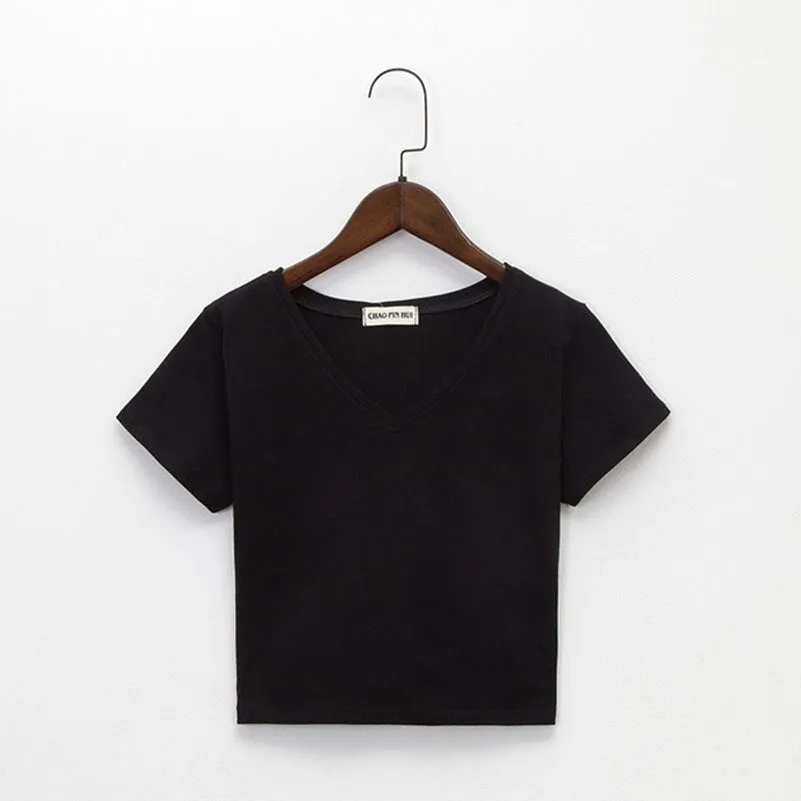 Amy Fashion - Cotton V Neck Solid Color T Shirt