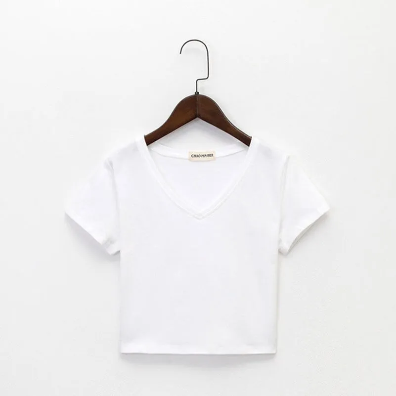 Amy Fashion - Cotton V Neck Solid Color T Shirt