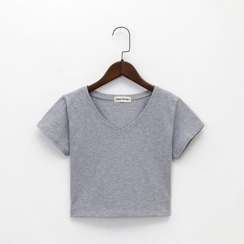 Amy Fashion - Cotton V Neck Solid Color T Shirt