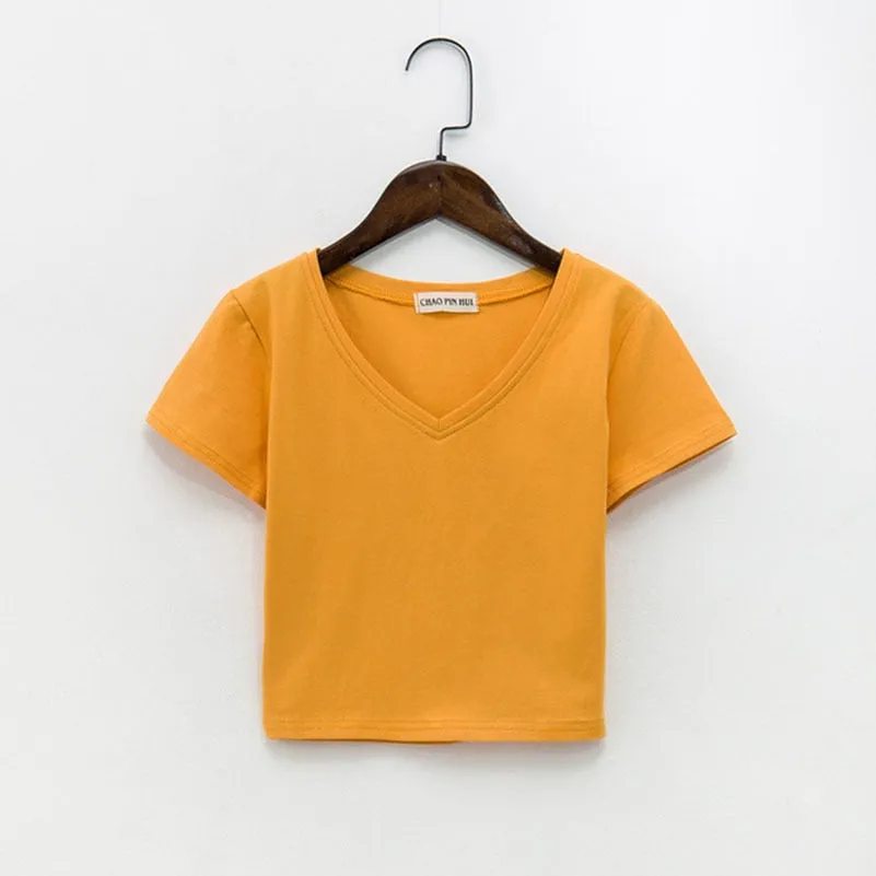 Amy Fashion - Cotton V Neck Solid Color T Shirt