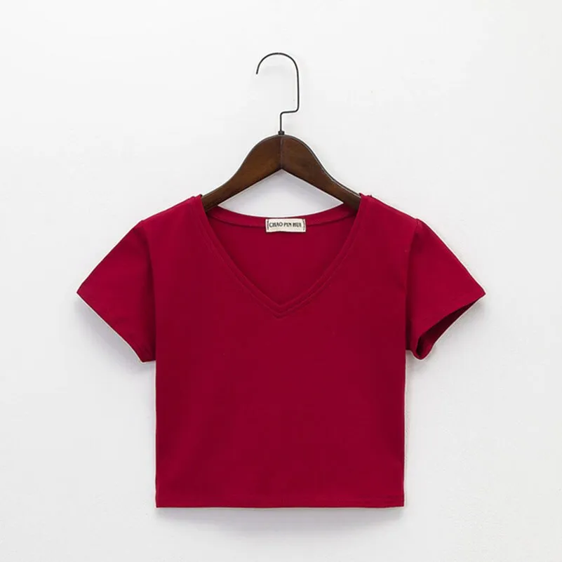 Amy Fashion - Cotton V Neck Solid Color T Shirt