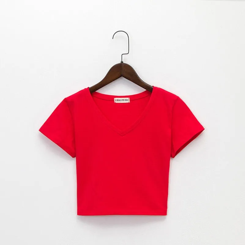 Amy Fashion - Cotton V Neck Solid Color T Shirt