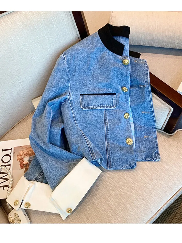 Amy Fashion - Denim Short Stand Collar Jacket