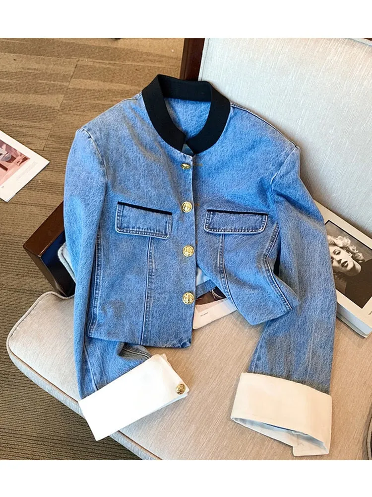 Amy Fashion - Denim Short Stand Collar Jacket