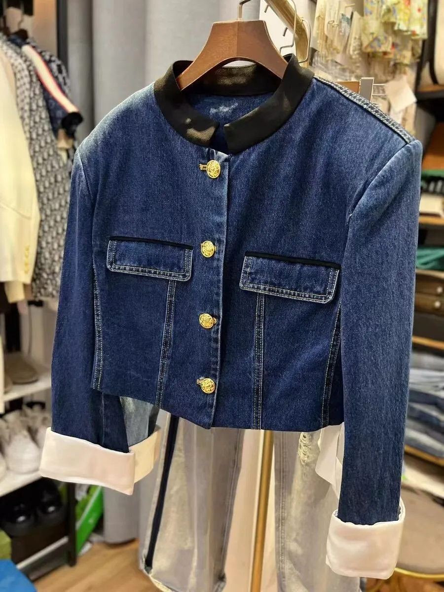 Amy Fashion - Denim Short Stand Collar Jacket