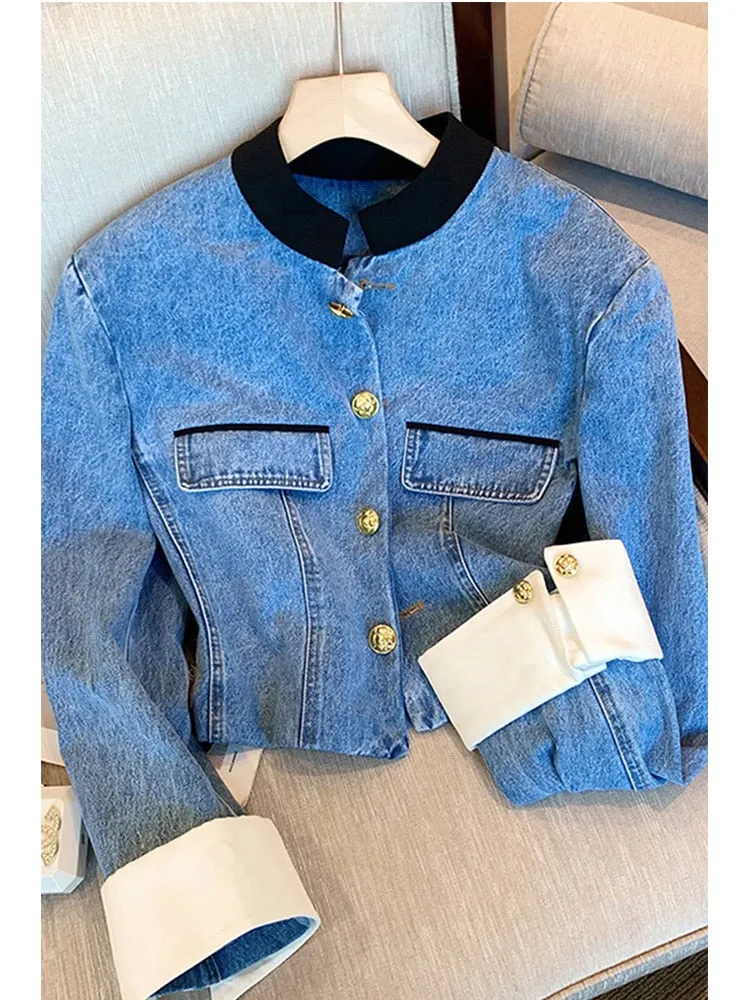 Amy Fashion - Denim Short Stand Collar Jacket