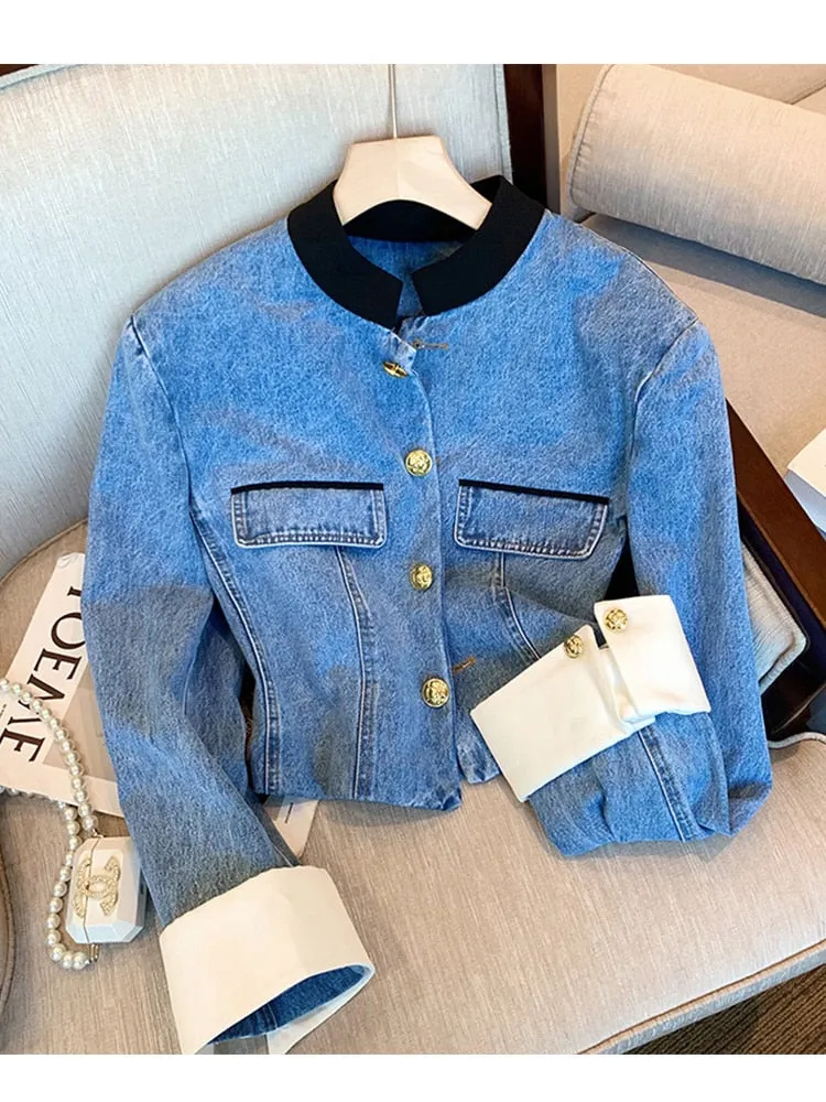 Amy Fashion - Denim Short Stand Collar Jacket