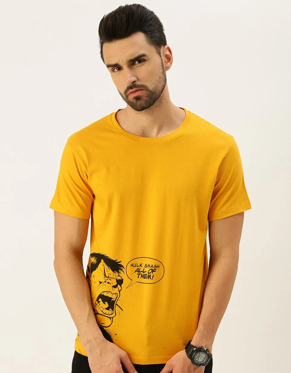 Regular Fit Anger Mustard Placement Printed T-shirt - Optimized Title