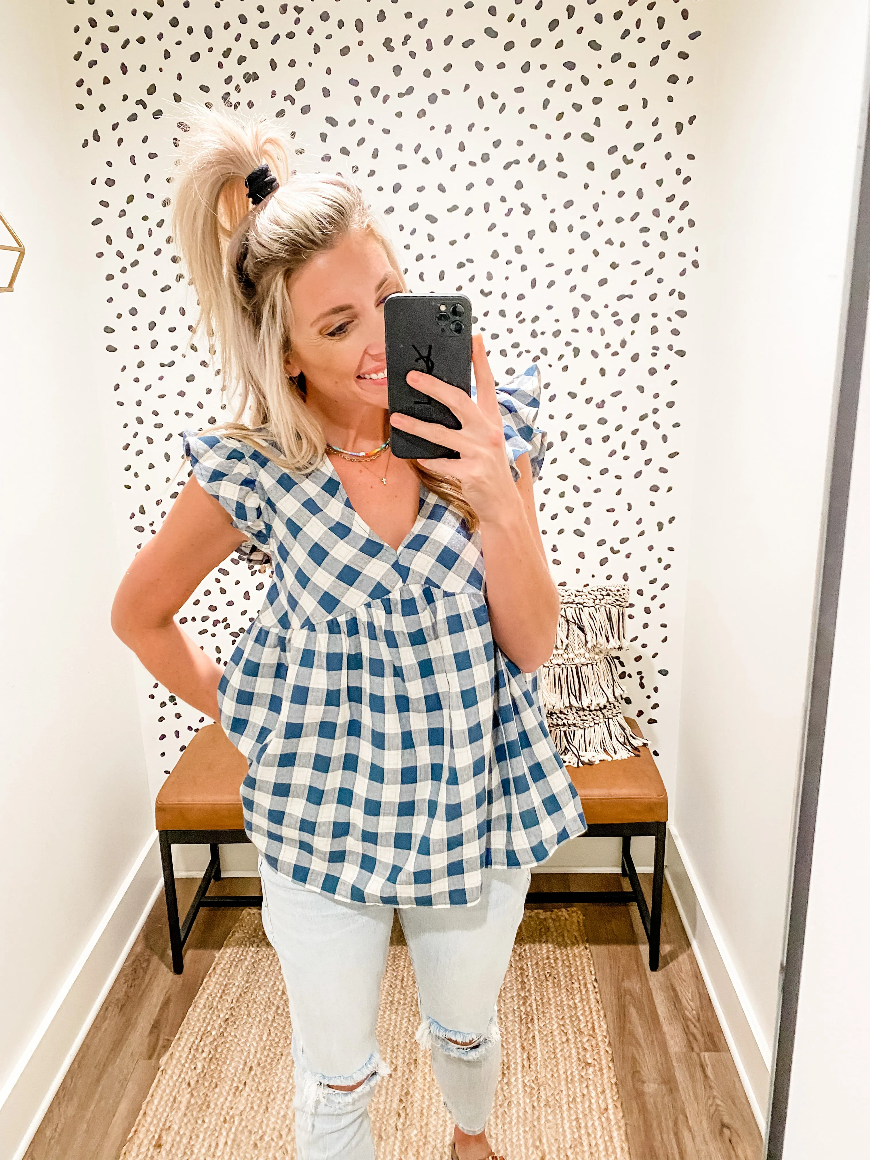 Aria Gingham Flutter Sleeve Babydoll Top