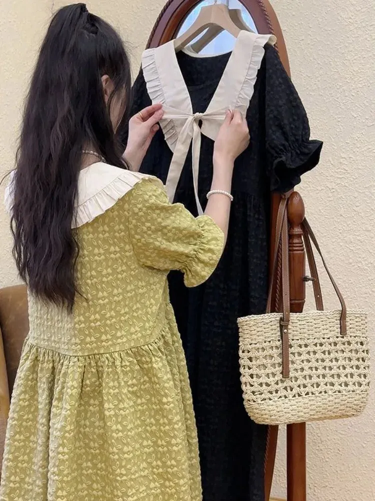 Autumn Kawaii Black Midi Dress Women Vintage French School Peter Pan Collar Puff Sleeve School Dresses Fashion