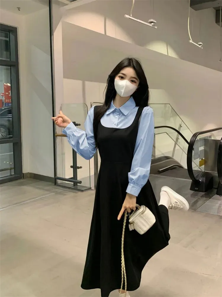 Autumn Korean Style School Long Sleeve Dress Women Kpop Casual Polo Black Dresses Kawaii Design Loose