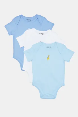 Babies White And Blue Printed Bodysuit Set (Pack Of 3)