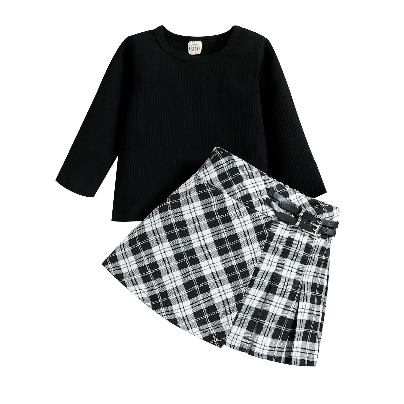 Baby Black Round Neck T-shirt   Plaid Skirt