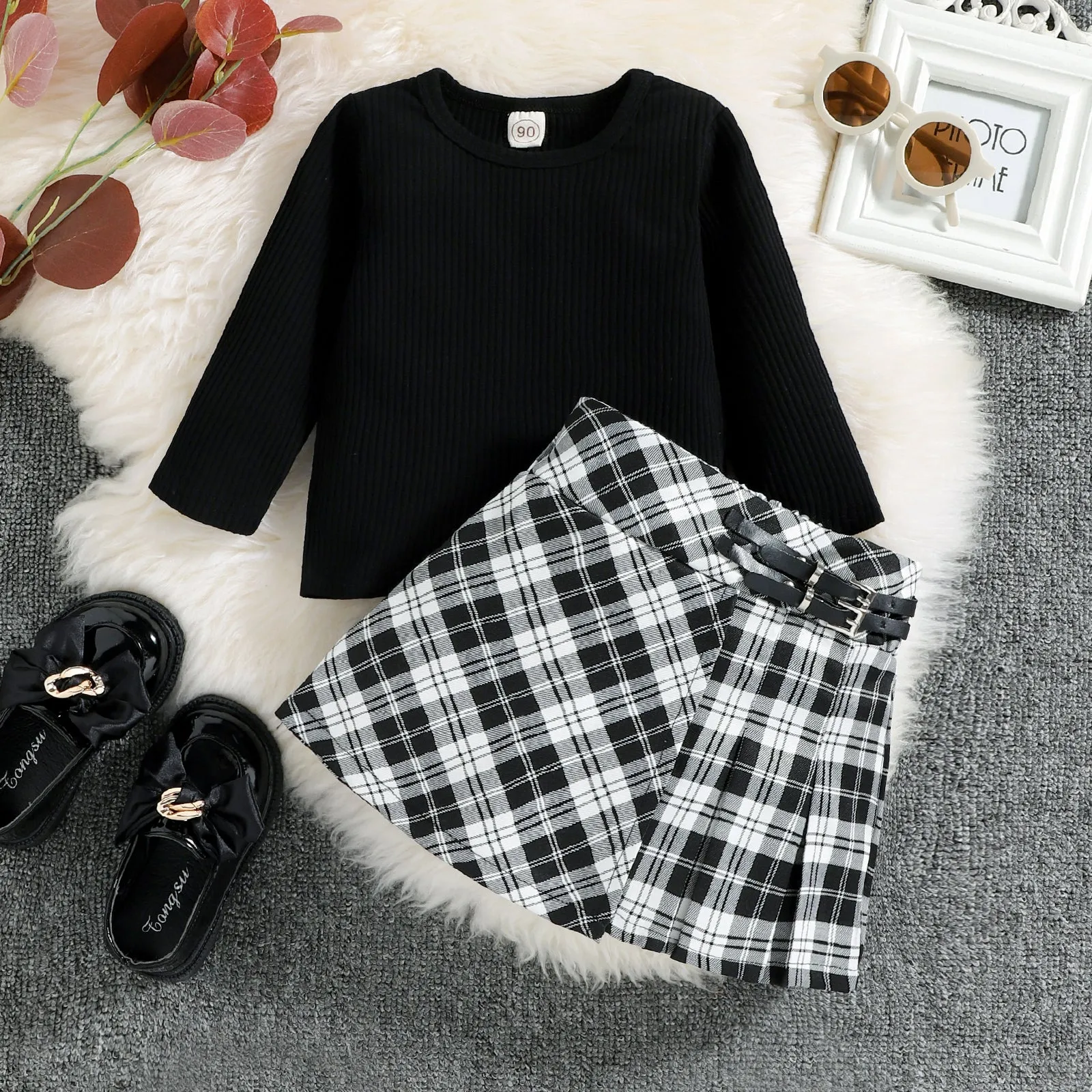 Baby Black Round Neck T-shirt   Plaid Skirt