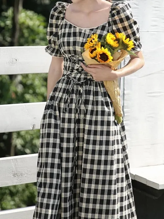 B&W gingham lace up dress