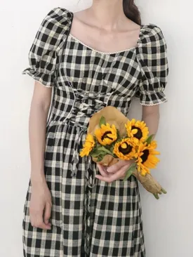 B&W gingham lace up dress