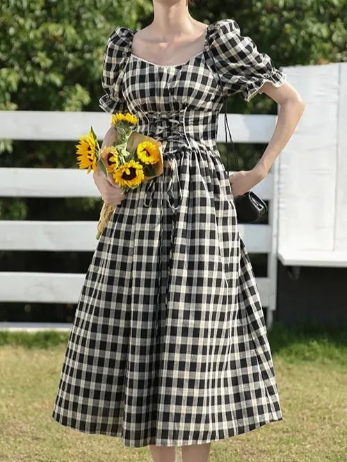 B&W gingham lace up dress