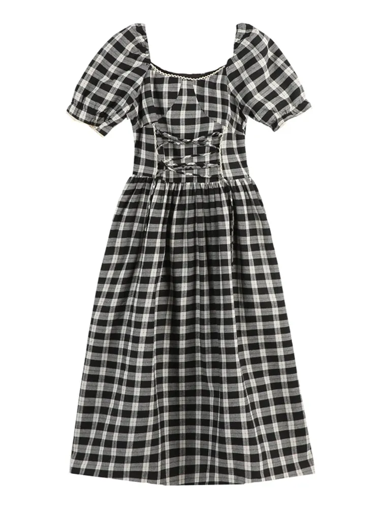 B&W gingham lace up dress