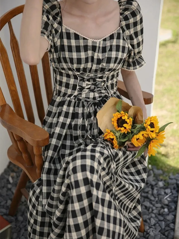 B&W gingham lace up dress