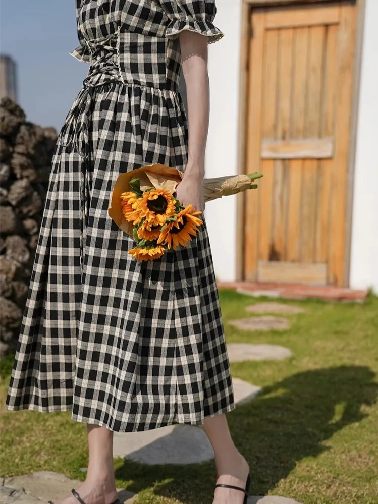 B&W gingham lace up dress