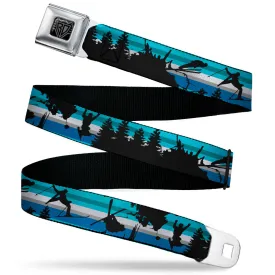 BD Wings Logo CLOSE-UP Black/Silver Seatbelt Belt - Action Ski Pose/Tree Silhouettes/Stripes Blues/Black Webbing