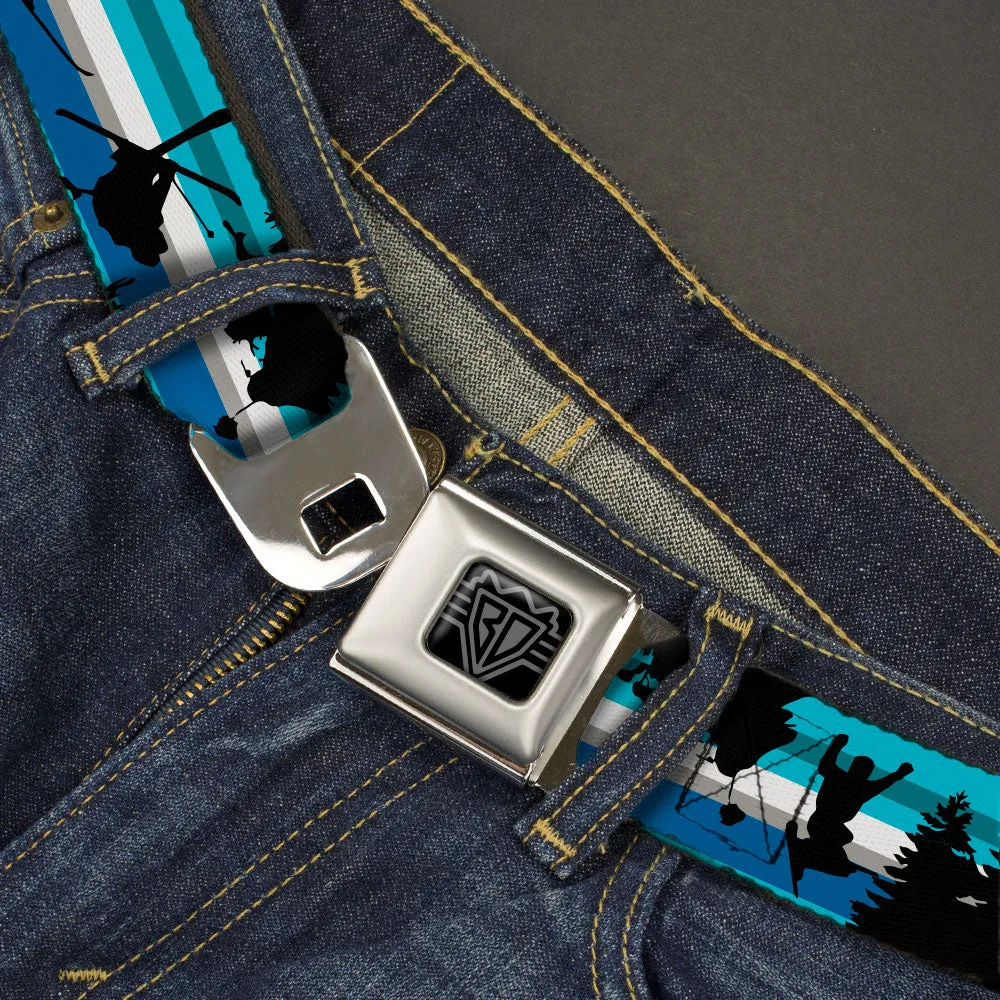 BD Wings Logo CLOSE-UP Black/Silver Seatbelt Belt - Action Ski Pose/Tree Silhouettes/Stripes Blues/Black Webbing