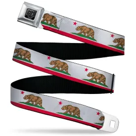 BD Wings Logo CLOSE-UP Black/Silver Seatbelt Belt - California Flag White w/Stripe Webbing