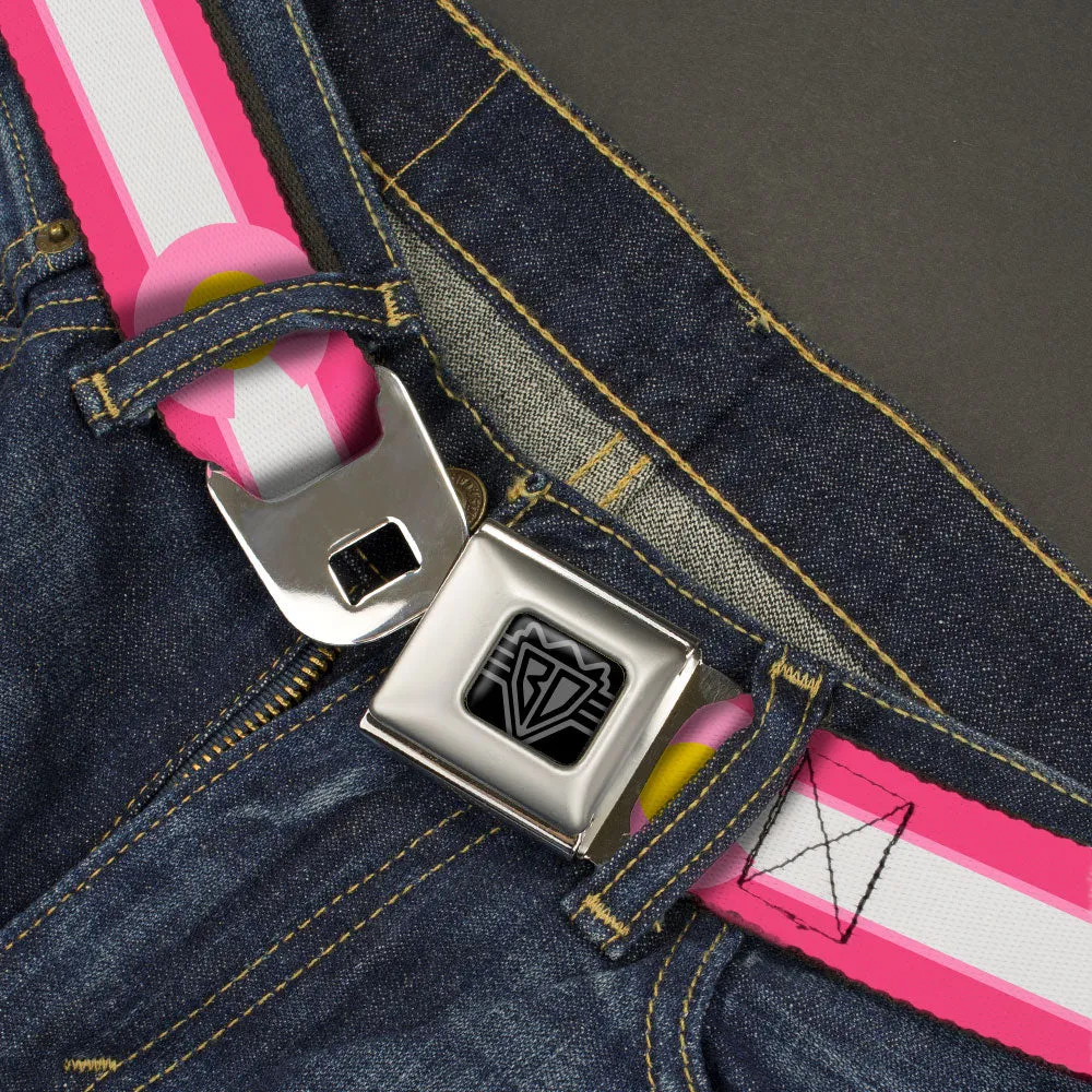 BD Wings Logo CLOSE-UP Black/Silver Seatbelt Belt - Colorado Flags7 Repeat Pinks/White/Light Pink/Yellow Webbing