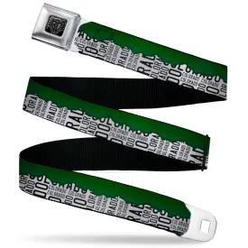 BD Wings Logo CLOSE-UP Black/Silver Seatbelt Belt - Colorado Mountains Green/White/Black Text Webbing