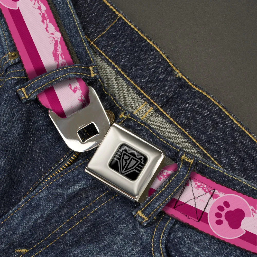 BD Wings Logo CLOSE-UP Black/Silver Seatbelt Belt - Colorado Paw/Mountains Pinks Webbing