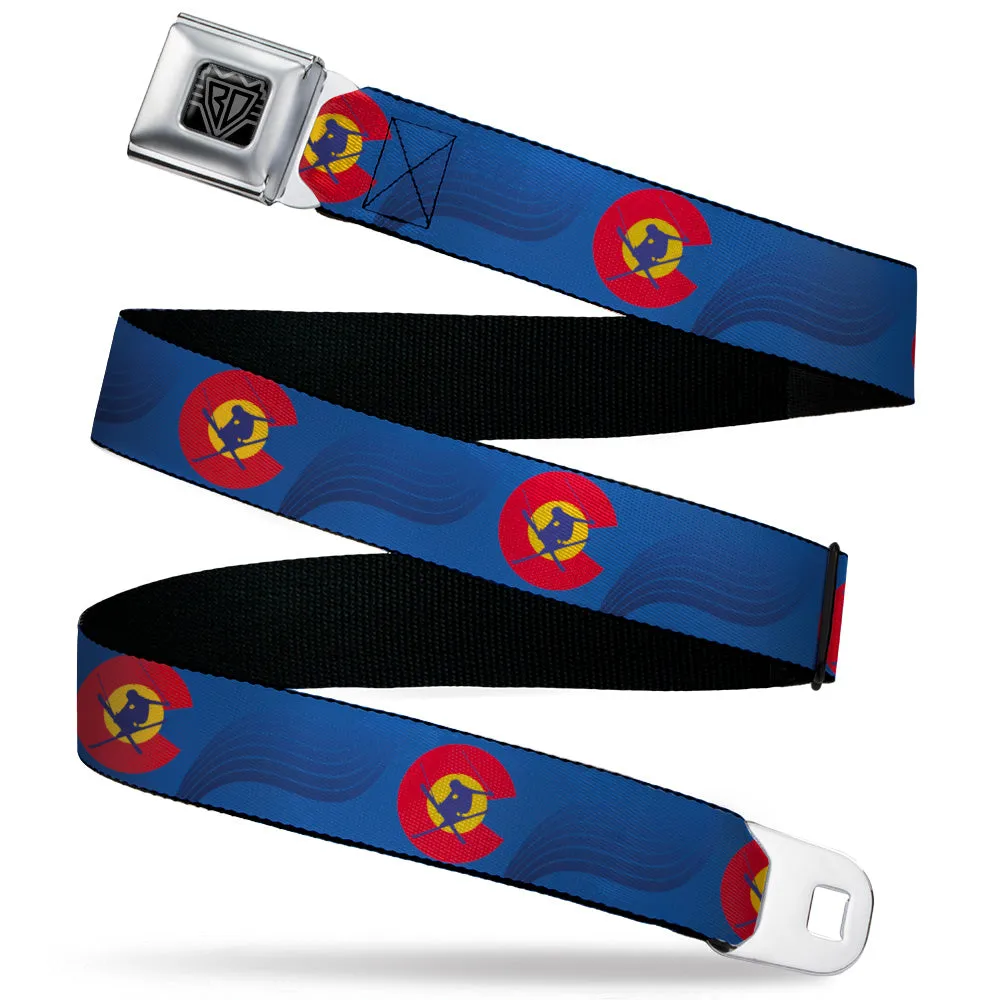 BD Wings Logo CLOSE-UP Black/Silver Seatbelt Belt - Colorado Skier3 Blues/Red/Yellow Webbing