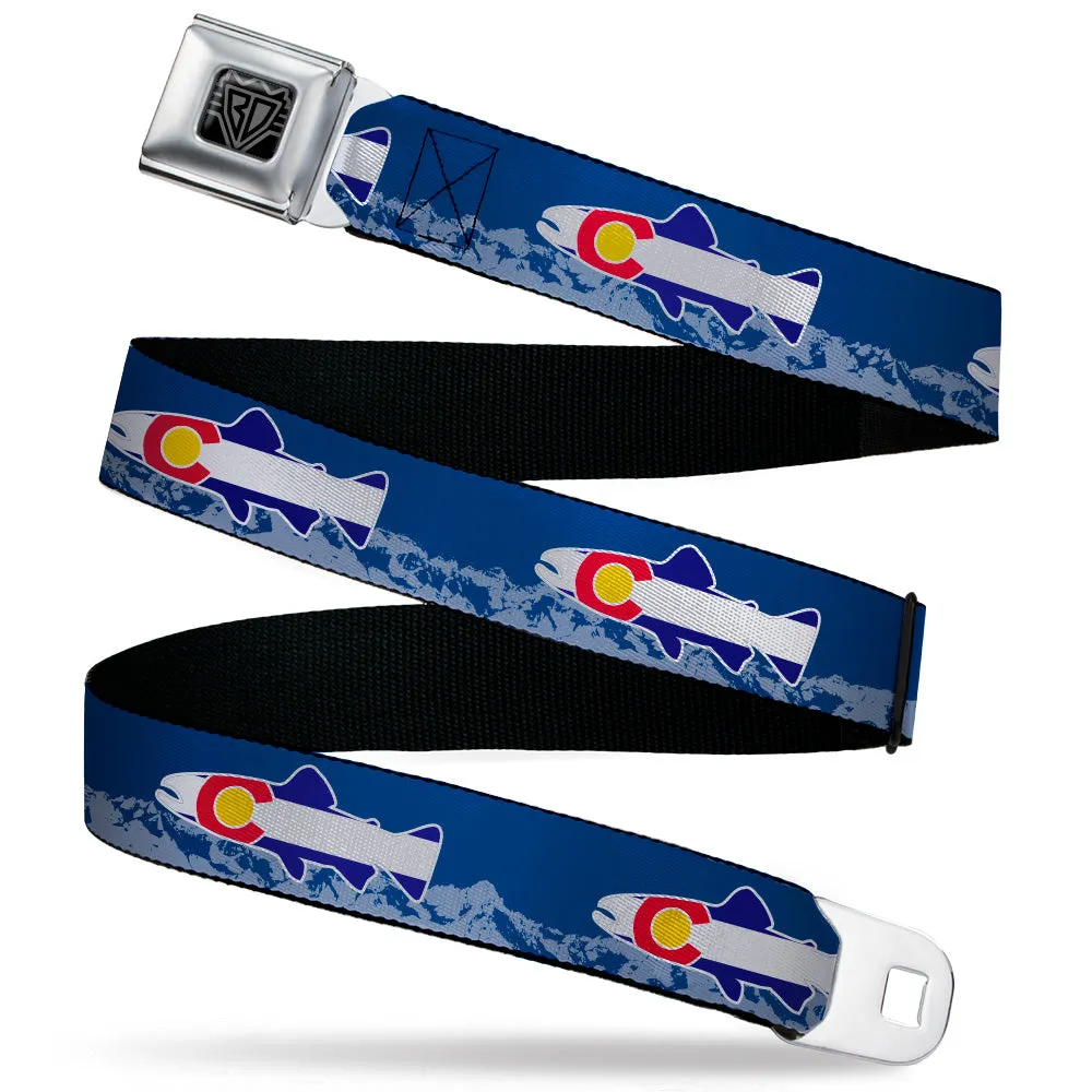 BD Wings Logo CLOSE-UP Black/Silver Seatbelt Belt - Colorado Trout Flag Blue/White/Red/Yellow Webbing