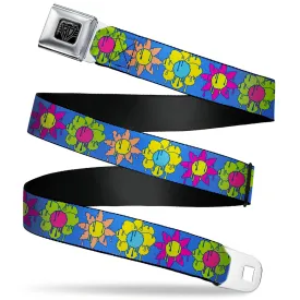 BD Wings Logo CLOSE-UP Black/Silver Seatbelt Belt - Funky Flower Drip Blue/Multi Color Webbing