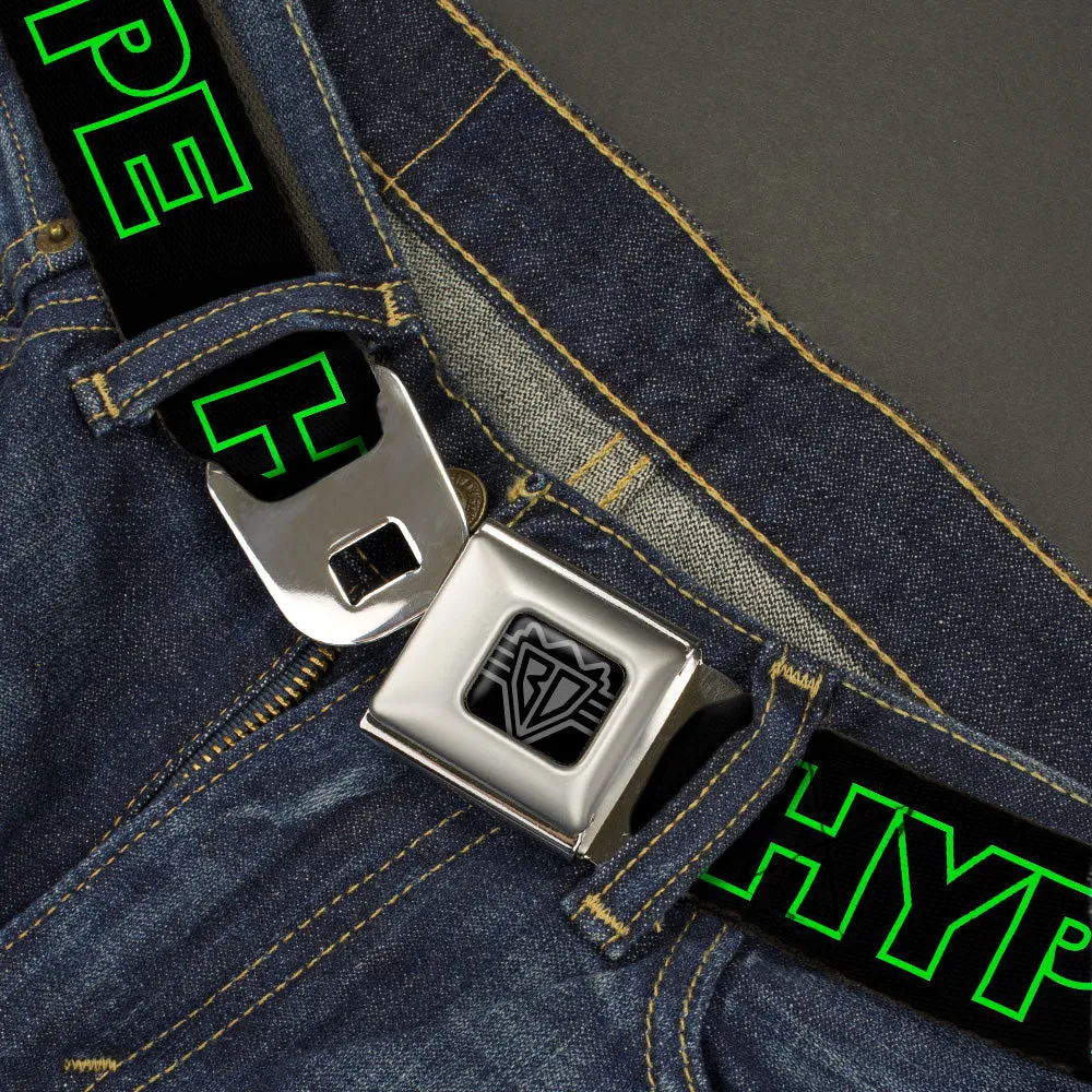 BD Wings Logo CLOSE-UP Black/Silver Seatbelt Belt - HYPE Outline Black/Neon Green Webbing