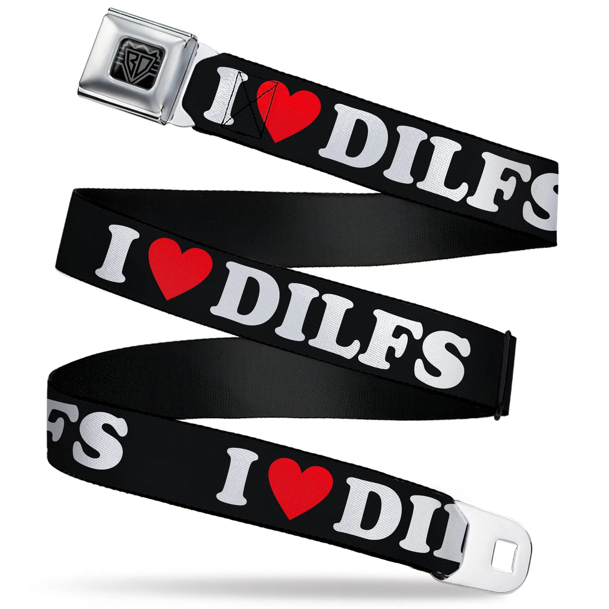 BD Wings Logo CLOSE-UP Black/Silver Seatbelt Belt - I "HEART" DILFS Black/White/Red Webbing