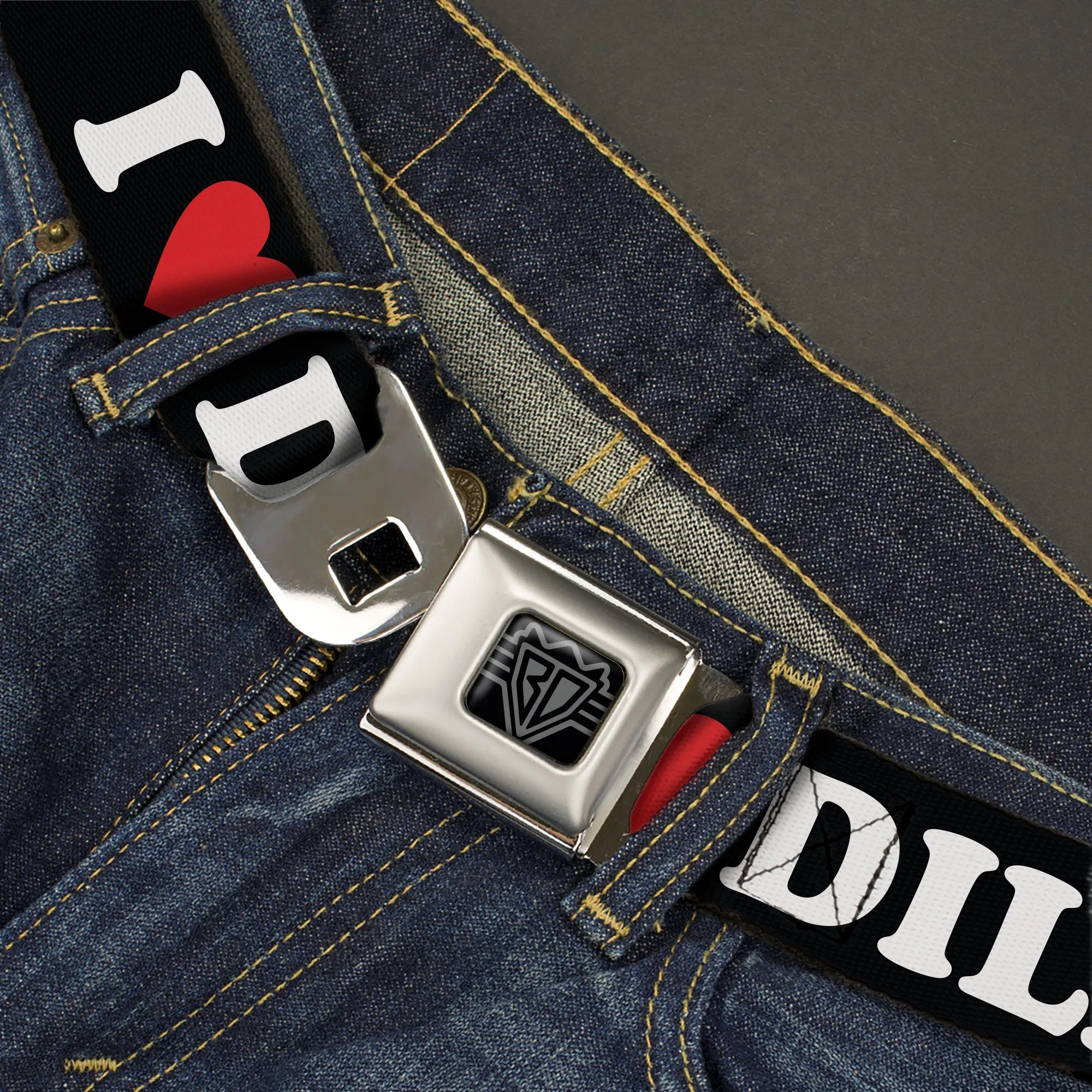 BD Wings Logo CLOSE-UP Black/Silver Seatbelt Belt - I "HEART" DILFS Black/White/Red Webbing