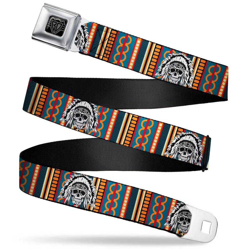 BD Wings Logo CLOSE-UP Black/Silver Seatbelt Belt - Native American Skull/Tapestry Multi Color/White/Black Webbing