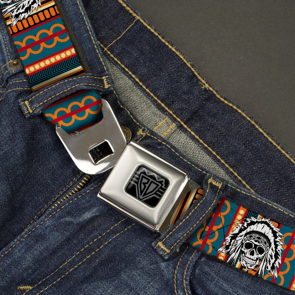 BD Wings Logo CLOSE-UP Black/Silver Seatbelt Belt - Native American Skull/Tapestry Multi Color/White/Black Webbing