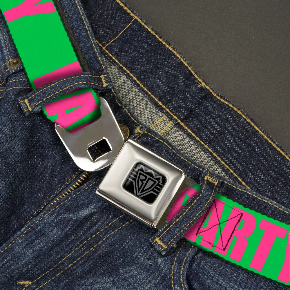 BD Wings Logo CLOSE-UP Black/Silver Seatbelt Belt - PARTY Green/Pink Webbing