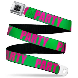 BD Wings Logo CLOSE-UP Black/Silver Seatbelt Belt - PARTY Green/Pink Webbing