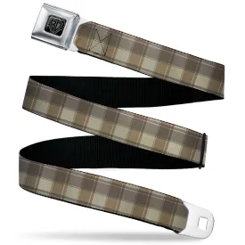 BD Wings Logo CLOSE-UP Black/Silver Seatbelt Belt - Plaid7 Tonal Tans Webbing