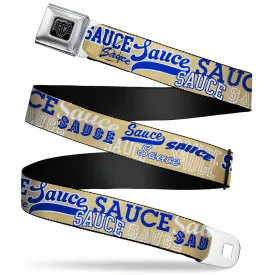 BD Wings Logo CLOSE-UP Black/Silver Seatbelt Belt - SAUCE Typography Collage Tan/White/Blue Webbing